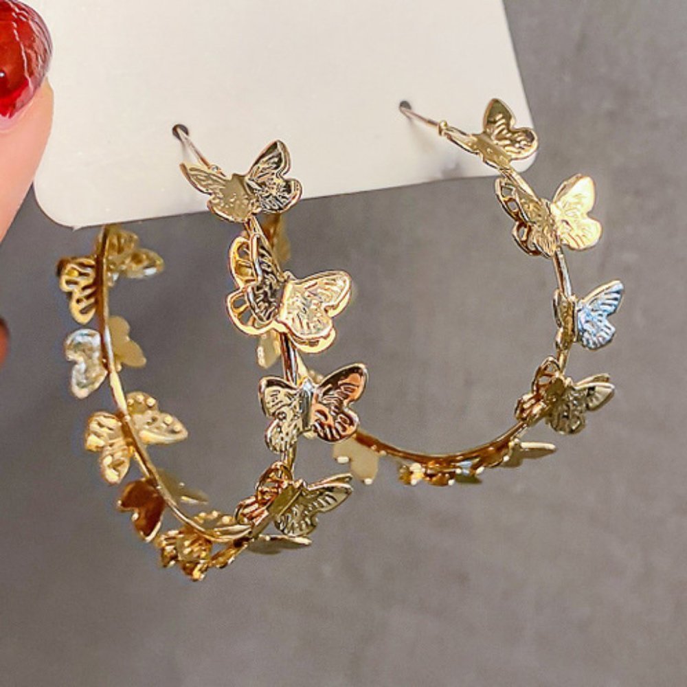 NEW 1.75'' Gold Multi Butterfly Hoop Earrings - Picture 6 of 6